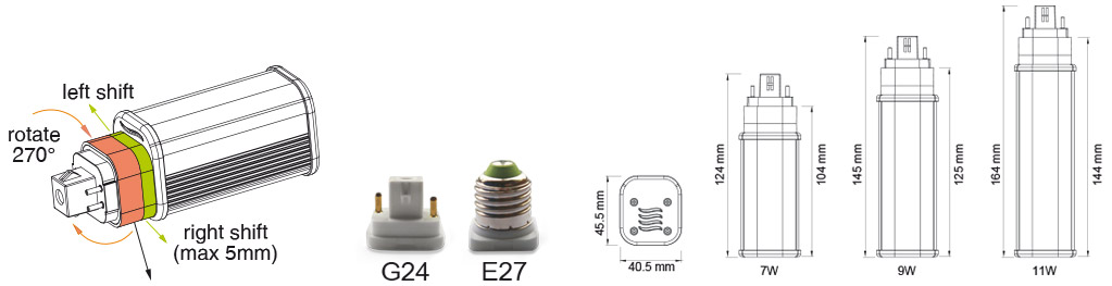 LUXCOMB directional LED Lamps (side, Ceiling or wall mount) G24 - E27 - RS7 cote